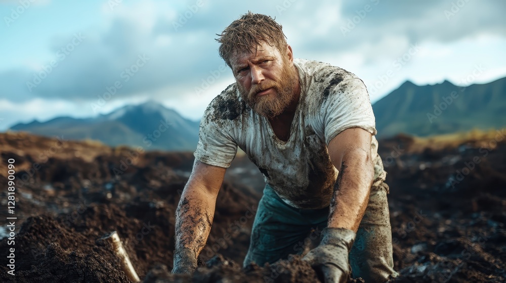 Fototapeta premium A bearded man is seen digging in a muddy area, showcasing strength and hard work in a rugged landscape that emphasizes the toil and effort in nature.