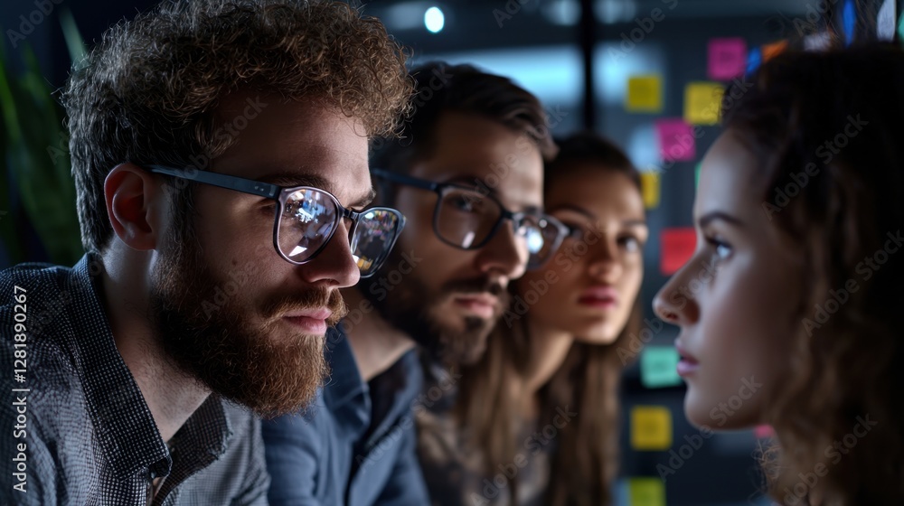 A group of people are looking at a board with a lot of writing on it A group of people are looking at a board with a lot of writing on it