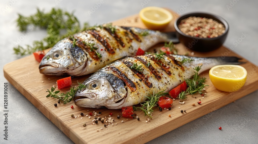 Grilled fish, lemon, herbs, wooden board, kitchen Grilled fish, lemon, herbs, wooden board, kitchen