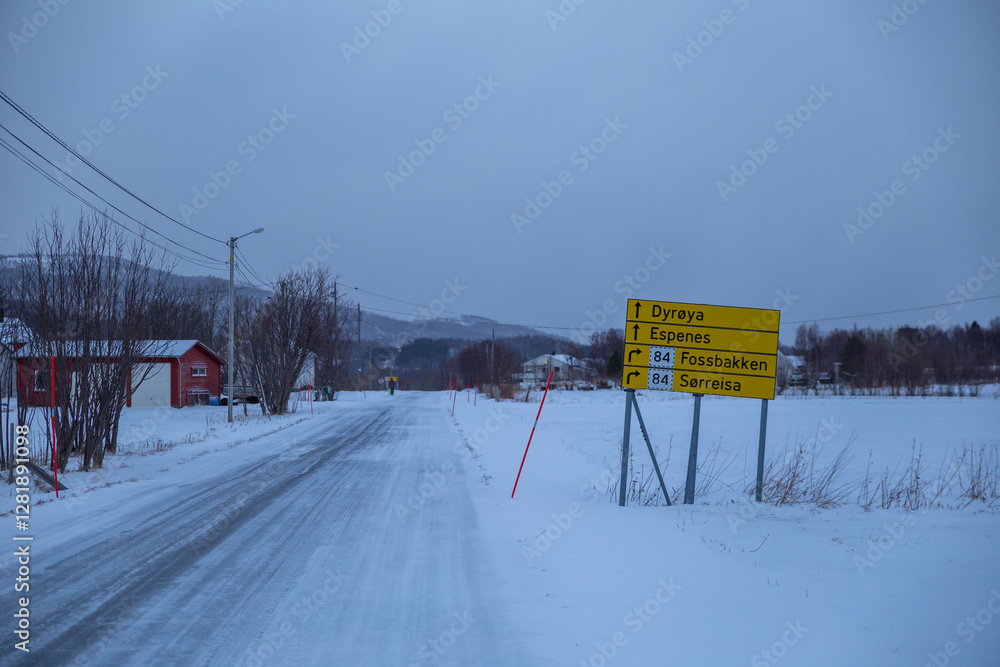 Naklejka premium The road sign of sørreisa at Brøstadvein in Tromsø, Norway