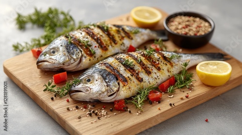 Grilled fish, lemon, herbs, wooden board, kitchen photo