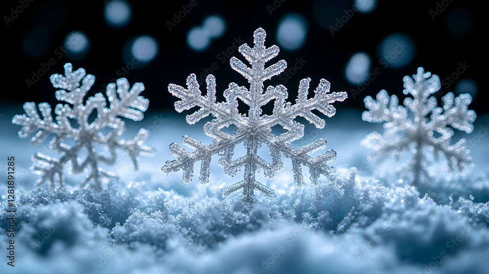 Three snowflakes in snow, night background, winter scene, holiday card Three snowflakes in snow, night background, winter scene, holiday card