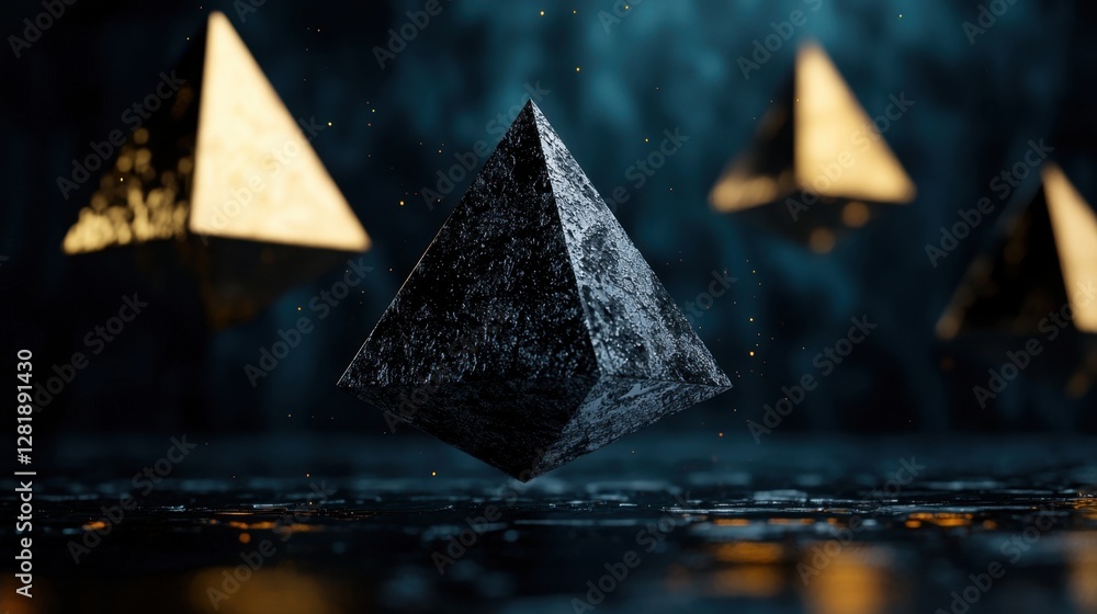 Fototapeta premium A black pyramid is floating in the air above a blue background