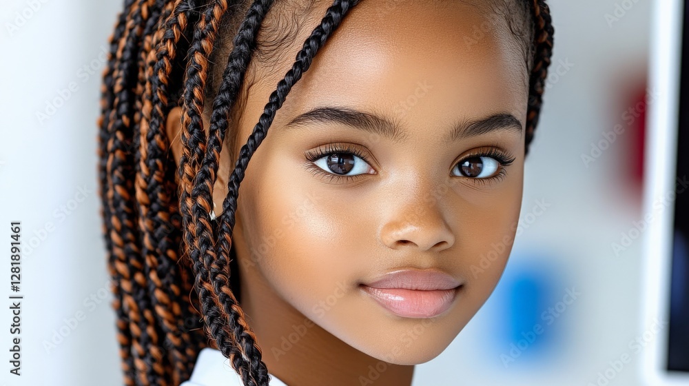 Young Girl with Stylish Braided Hair Smiling at the Camera in Bright Setting Young Girl with Stylish Braided Hair Smiling at the Camera in Bright Setting