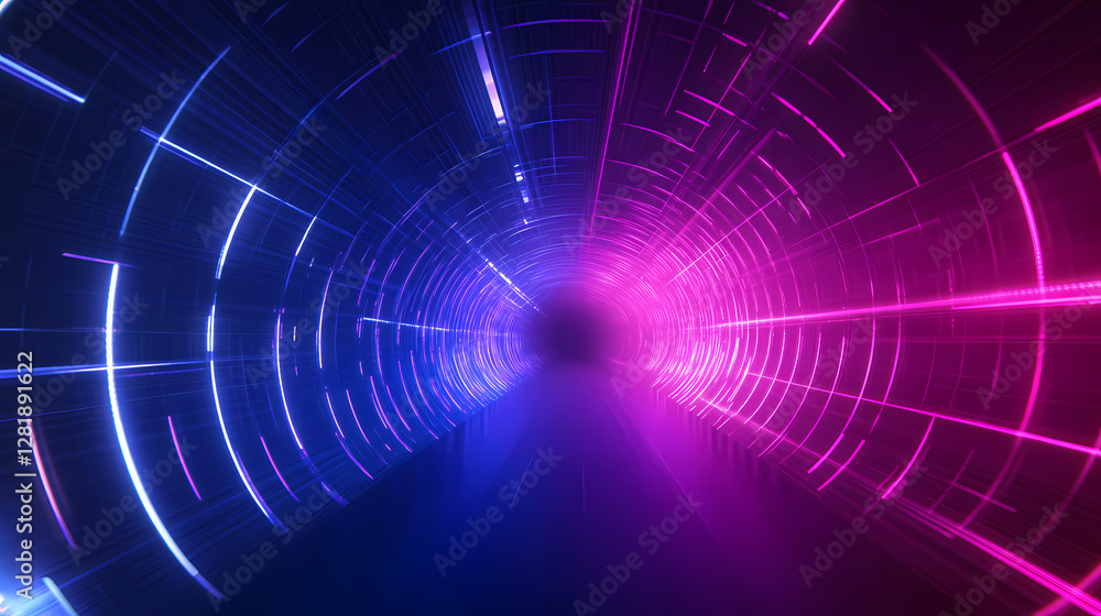 Fototapeta premium an abstract futuristic background with neon lights, a tunnel, and digital elements for design