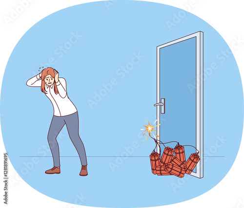 Принти на полотні Woman manager sets off explosion to open door, covers ears with hands, standing near dynamite
