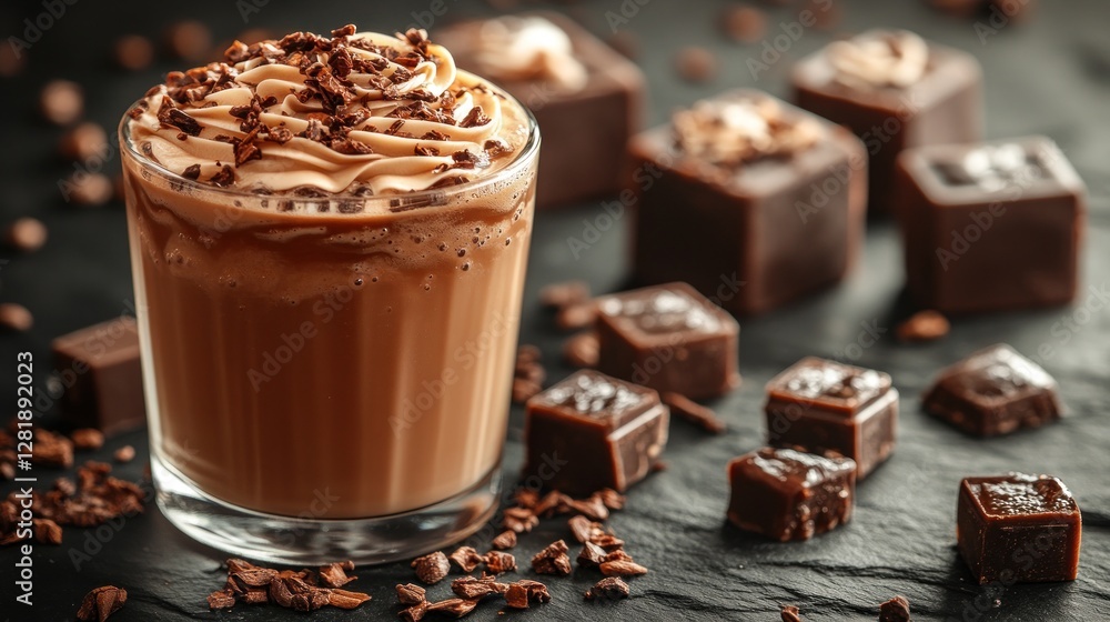 Iced chocolate drink, cocoa nibs, chocolate squares, dark background, dessert menu