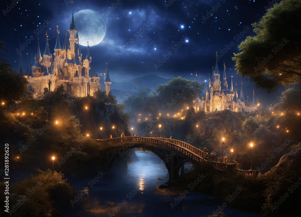 Fototapeta premium Fairytale night city in lights and in the light of the moon