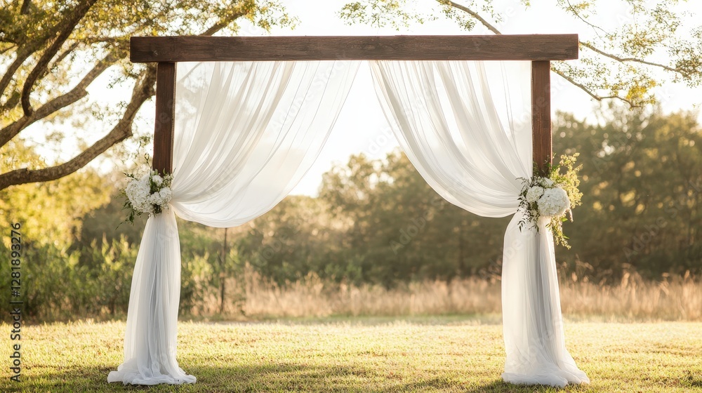 Fototapeta premium Romantic Outdoor Wedding Arbor with White Fabric and Floral Accents