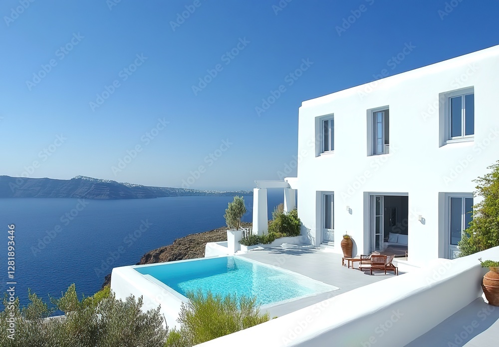 Fototapeta premium A sleek, minimalist white house with clean lines and large windows overlooking the sea
