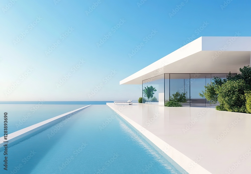 Fototapeta premium A sleek, minimalist white house with clean lines and large windows overlooking the sea