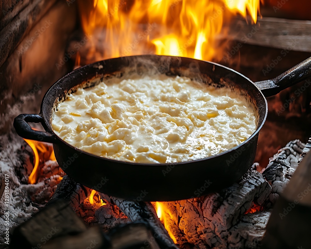 Rustic fireplace cooking eggs Rustic fireplace cooking eggs