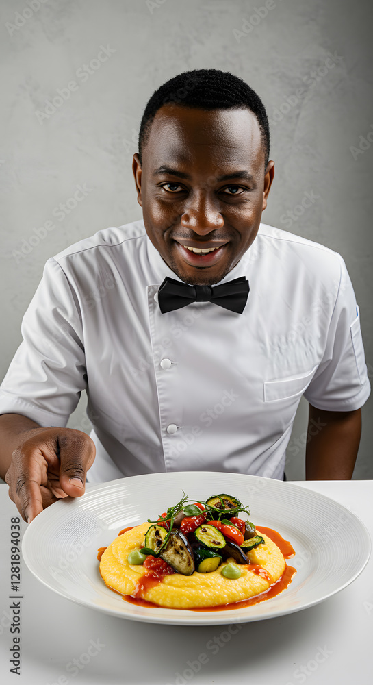 A smiling chef presenting a beautifully plated dish of polenta topped with grilled vegetables and a drizzle of sauce. The chef is wearing a white uniform and a bow tie, with a neutral background. A smiling chef presenting a beautifully plated dish of polenta topped with grilled vegetables and a drizzle of sauce. The chef is wearing a white uniform and a bow tie, with a neutral background.