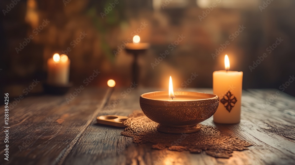 a wooden table topped with two candles a wooden table topped with two candles