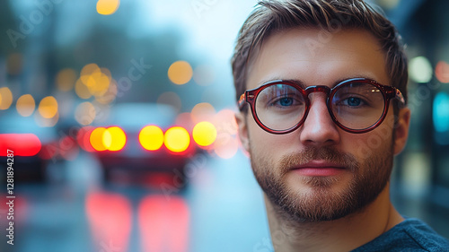 young man with glasses stands in city street during rainy evening, with blurred car lights in background. scene conveys sense of urban life and contemplation