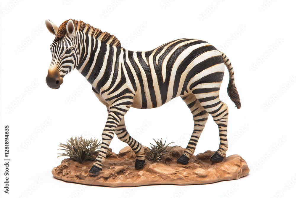Obraz premium A realistic plastic figurine of a zebra, isolated on white background 