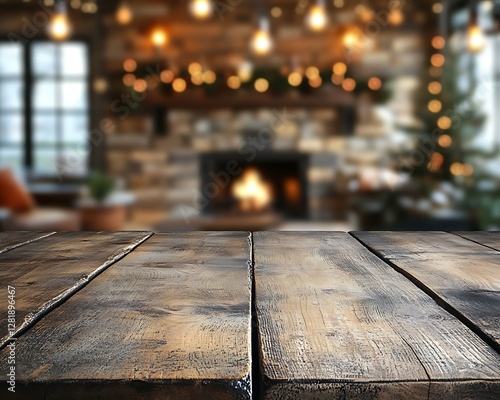 A rustic wooden tabletop with blurred lights and background photo