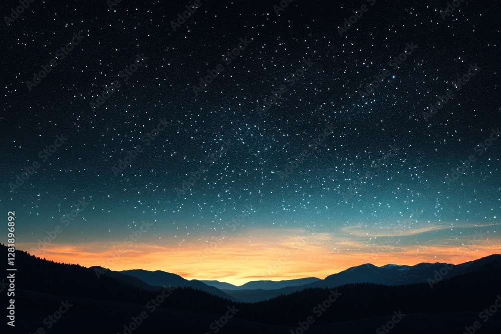 Majestic Starry Night Sky Over Mountain Range with Golden Sunset Glow and Tranquil Silhouette Landscape Majestic Starry Night Sky Over Mountain Range with Golden Sunset Glow and Tranquil Silhouette Landscape