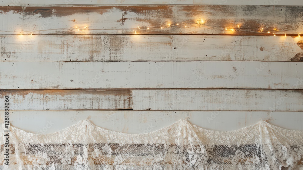 Rustic White Wood Background with Lace and Festive String Lights Rustic White Wood Background with Lace and Festive String Lights