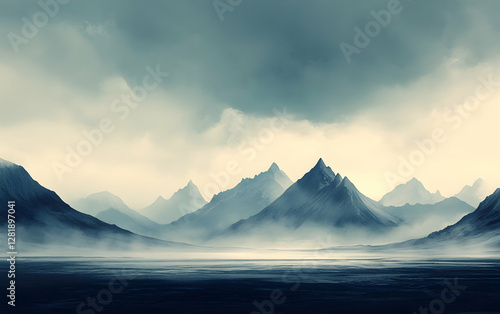 Distant mountain silhouettes fading into a misty horizon under a vast sky