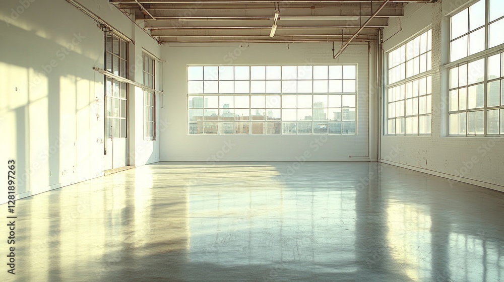 Sunlight pours through towering windows, highlighting the smooth, reflective floor within the spacious, minimalist room. The atmosphere feels tranquil and inviting, perfect for creative pursuits. Sunlight pours through towering windows, highlighting the smooth, reflective floor within the spacious, minimalist room. The atmosphere feels tranquil and inviting, perfect for creative pursuits.