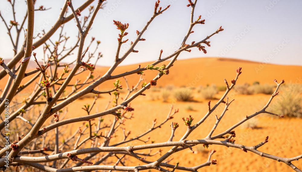 Budding branches in desert oasis under harsh light, nature's resilience Budding branches in desert oasis under harsh light, nature's resilience