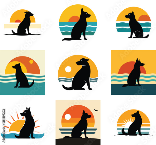  A black silhouette of a dog sitting on a beach with a retro sunset.
