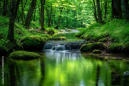 Forest Stream Cascading Through Mossy Rocks