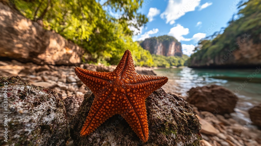 Orange starfish on rock, tropical lagoon background Orange starfish on rock, tropical lagoon background