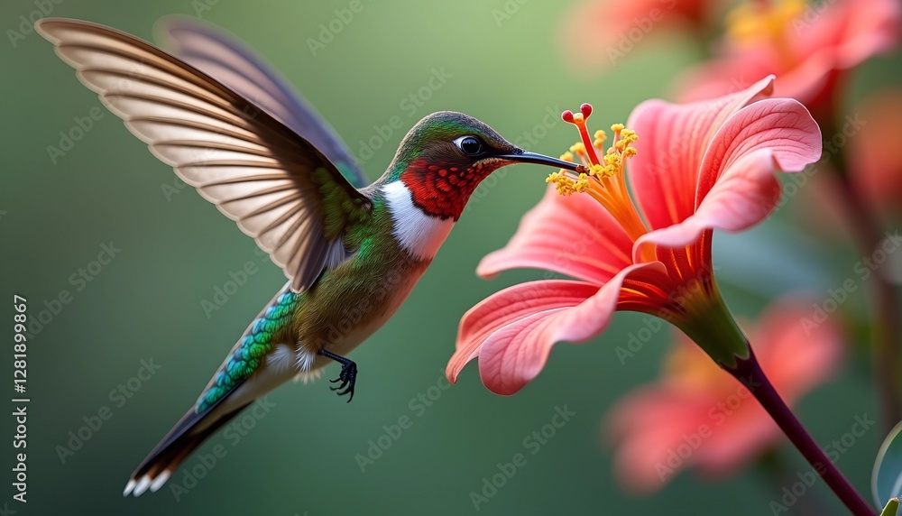 Fototapeta premium Colorful hummingbird feeding on a vibrant flower in a lush garden during daytime