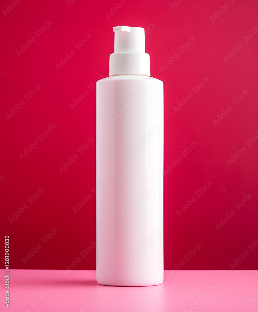 Sleek pump bottle mockup with clean design on a bold pink background Sleek pump bottle mockup with clean design on a bold pink background