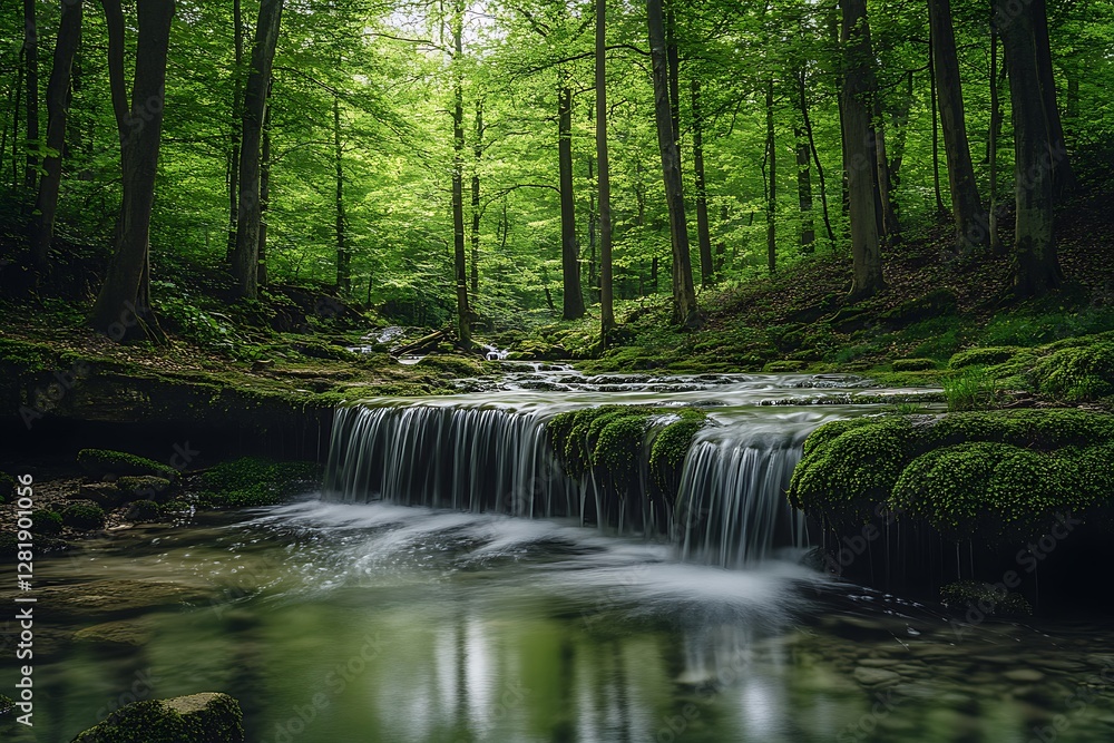 Forest Waterfall Stream, Peaceful Nature Scene Forest Waterfall Stream, Peaceful Nature Scene