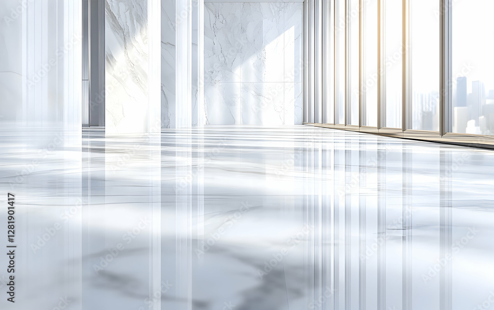Fototapeta premium Elegant white marble flooring with soft reflections, ideal for product display or interior decor