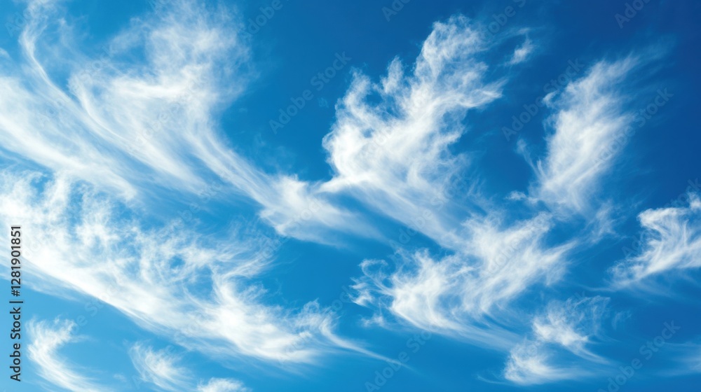 Delicate, wispy clouds forming intricate shapes in a vivid blue sky. Delicate, wispy clouds forming intricate shapes in a vivid blue sky.