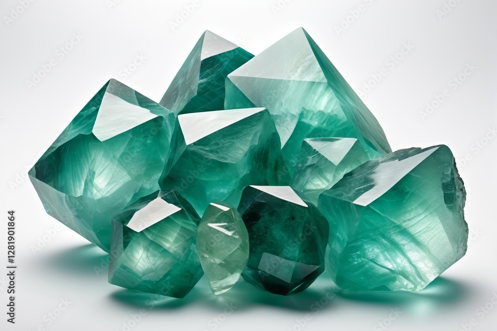 a close up of a cluster of green crystals on a white surface a close up of a cluster of green crystals on a white surface