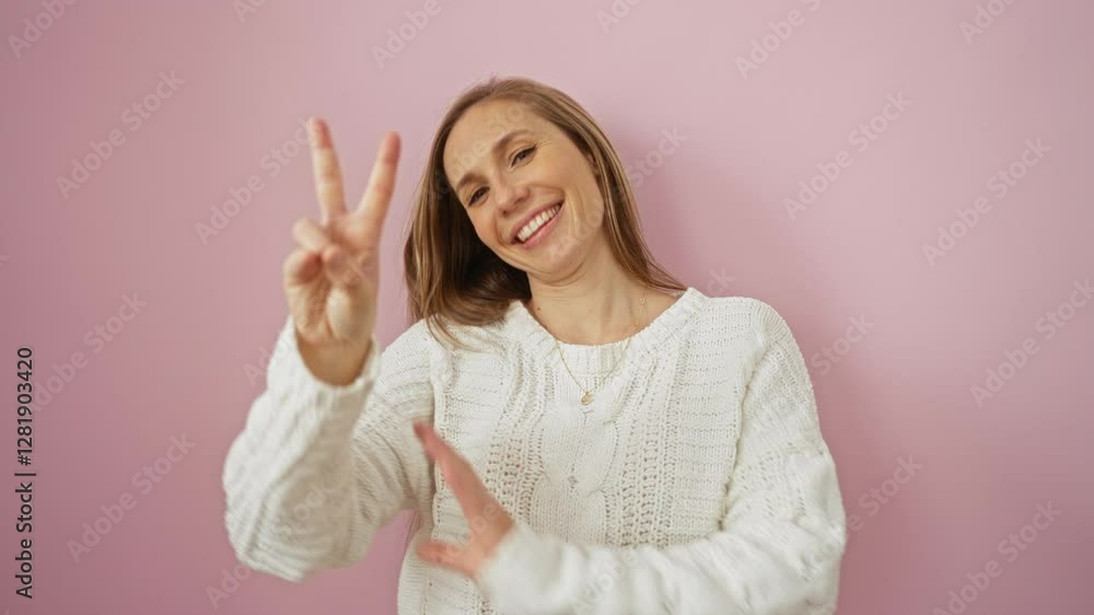 Woman overjoyed in sweater on pink background, young blonde celebrates victory with happy smile and v sign, isolated face beaming, two fingers raised in winning gesture Woman overjoyed in sweater on pink background, young blonde celebrates victory with happy smile and v sign, isolated face beaming, two fingers raised in winning gesture