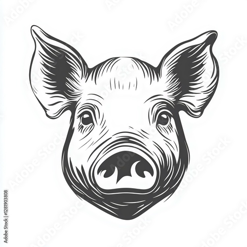 Stylized illustration of a pig head with detailed lines, perfect for farm-themed designs and animal graphics. Great for vintage or rustic projects.