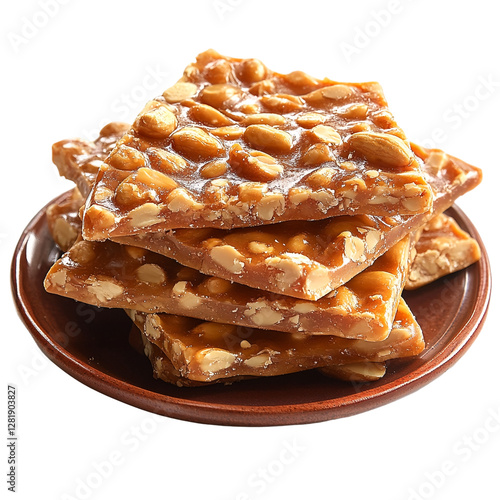 Peanut Brittle On A Brown Plate.