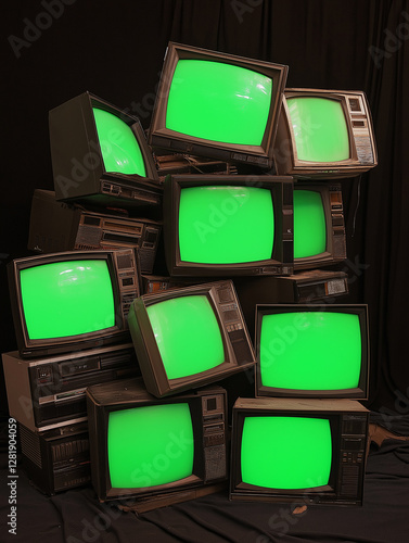 Stack of Vintage CRT Televisions with Green Screens in Dark Room (AI Generated)