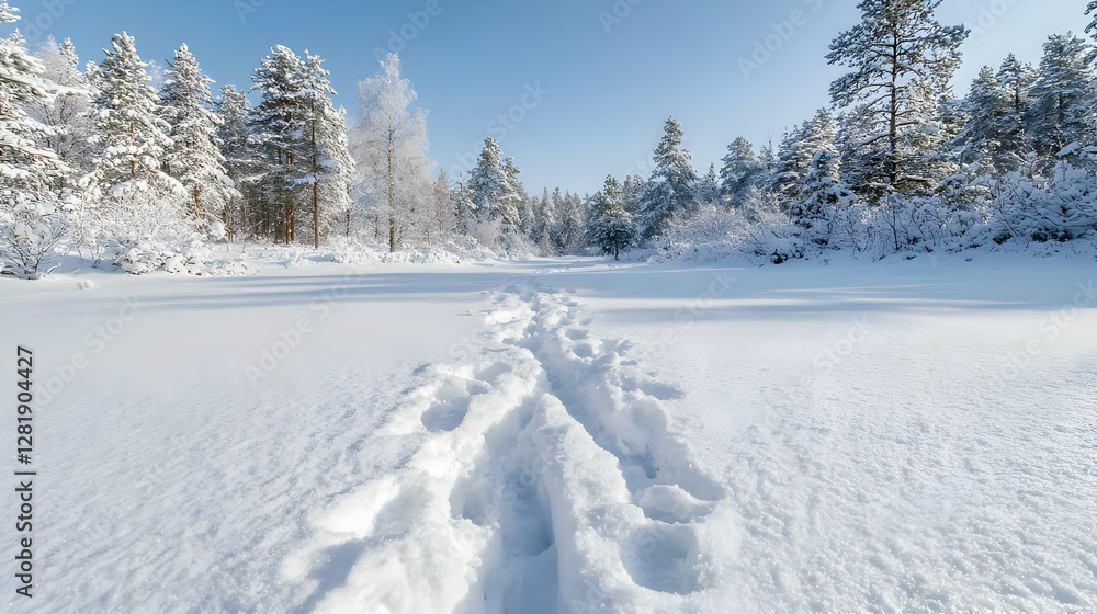 Winter snowshoe trail through snowy forest Winter snowshoe trail through snowy forest