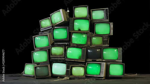 Stack of Vintage CRT Televisions with Green Screens in Dark Room (AI Generated)