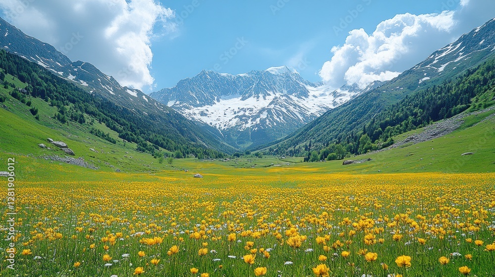 Fototapeta premium Vibrant yellow wildflowers bloom in a lush green valley nestled between majestic snow-capped mountains under a bright blue sky.