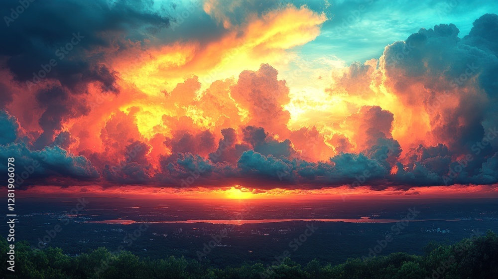Fototapeta premium Fiery sunset over landscape with dramatic clouds.