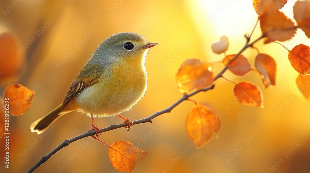 Small bird perched on autumn branch, backlit by golden sunlight. Small bird perched on autumn branch, backlit by golden sunlight.