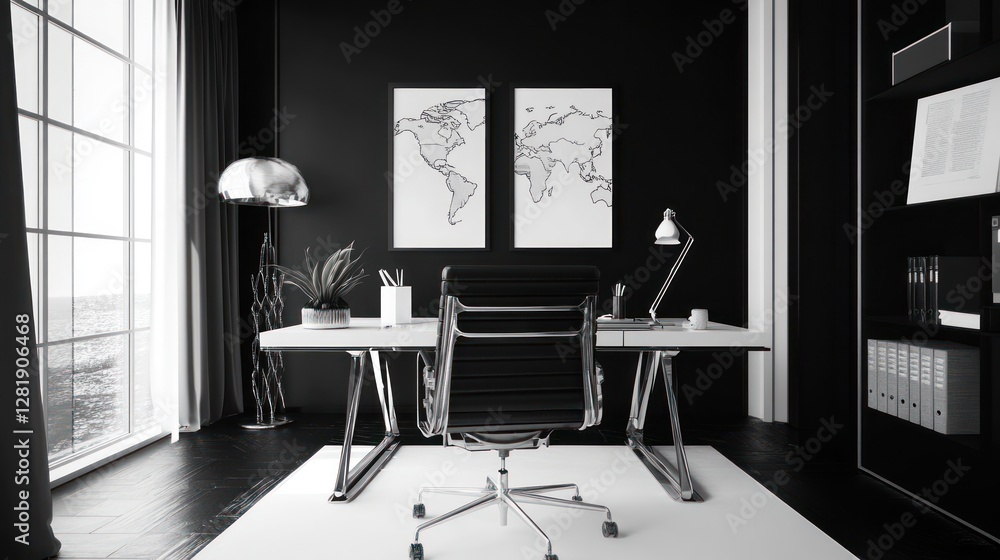 Fototapeta premium Modern black office interior with desk, chair, and world map prints.