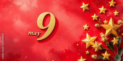 A festive graphic with gold stars and '9 May' lettering on a vivid red background, symbolizing celebratory themes or specific commemoratable dates.