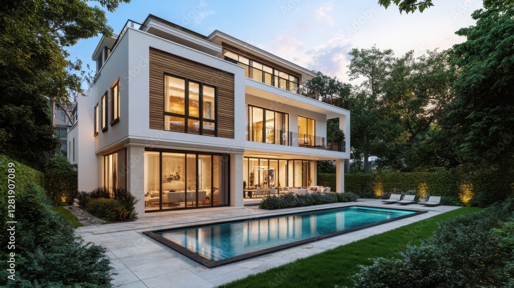 Obraz premium A luxurious two-story home with a contemporary white exterior and wide glass windows. The second floor features a modern wooden accent wall.