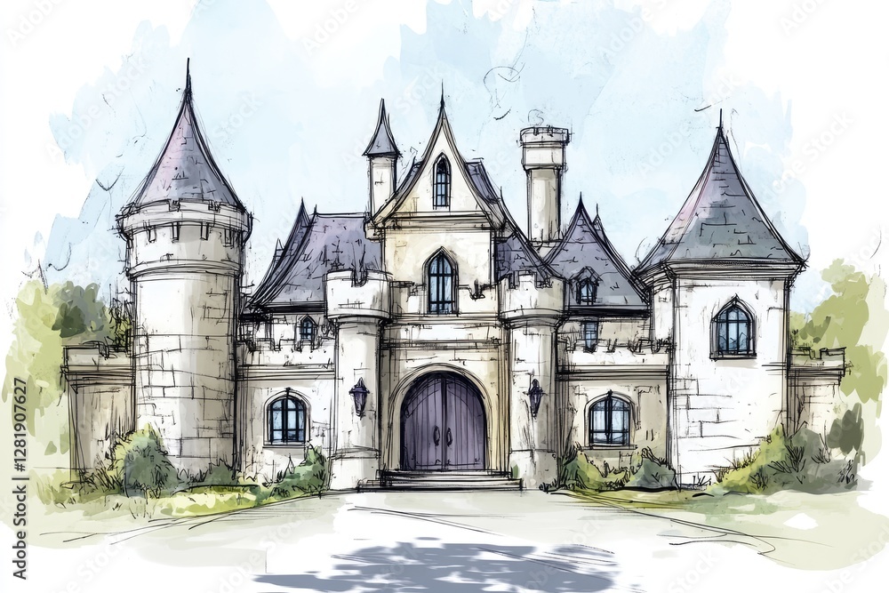 Hand - drawn sketch of a European - style castle house design with a grand entrance Hand - drawn sketch of a European - style castle house design with a grand entrance