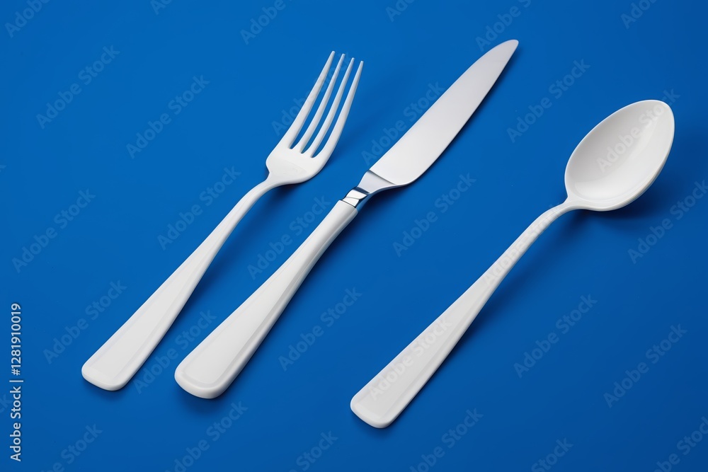 there are three forks and a spoon on a blue surface there are three forks and a spoon on a blue surface