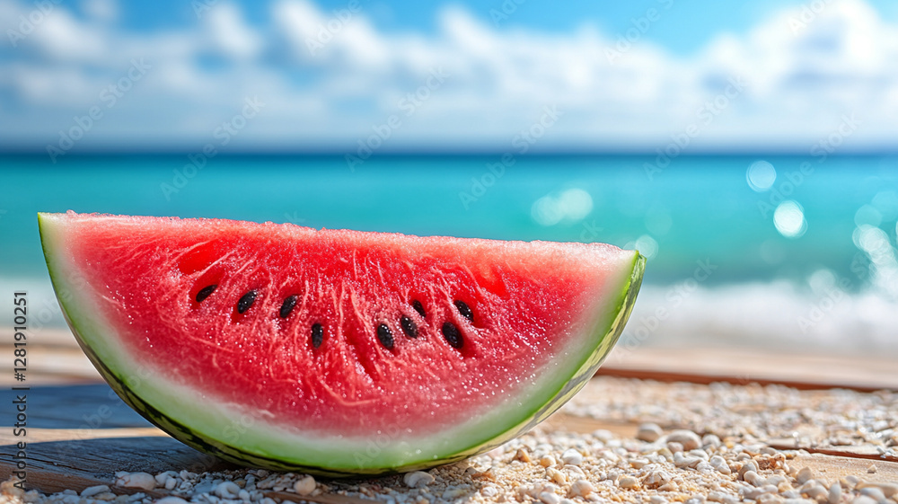 Fresh slice of watermelon on wooden table by beach, with vibrant blue ocean in background. Perfect for summer enjoyment and relaxation Fresh slice of watermelon on wooden table by beach, with vibrant blue ocean in background. Perfect for summer enjoyment and relaxation